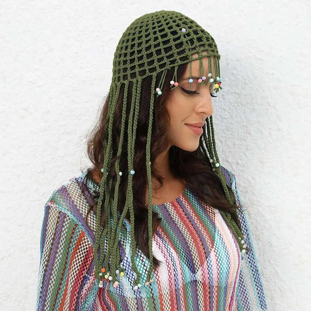 Chapeau tricoté ajouré respirant, béret Y2k fait à la main avec perles et pompons, chapeaux décontractés au Crochet pour femmes