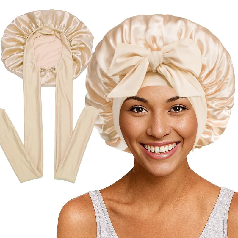 Nouveau bonnet de nuit en satin uni avec bande élastique extensible à nouer pour femmes, bonnet de douche ajustable, bonnet/turban pour couvrir les cheveux.