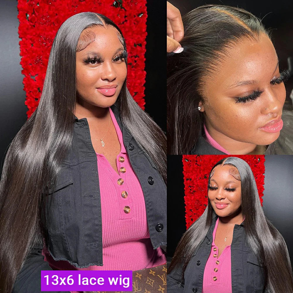 Perruque lisse en cheveux humains 13x4, 13x6, 360 Lace, 4x4 ou 5x5 Closure, pré-épilée avec une densité de 250 %. Disponible de 30 à 40 pouces pour un look ultra-long, volumineux et naturel.