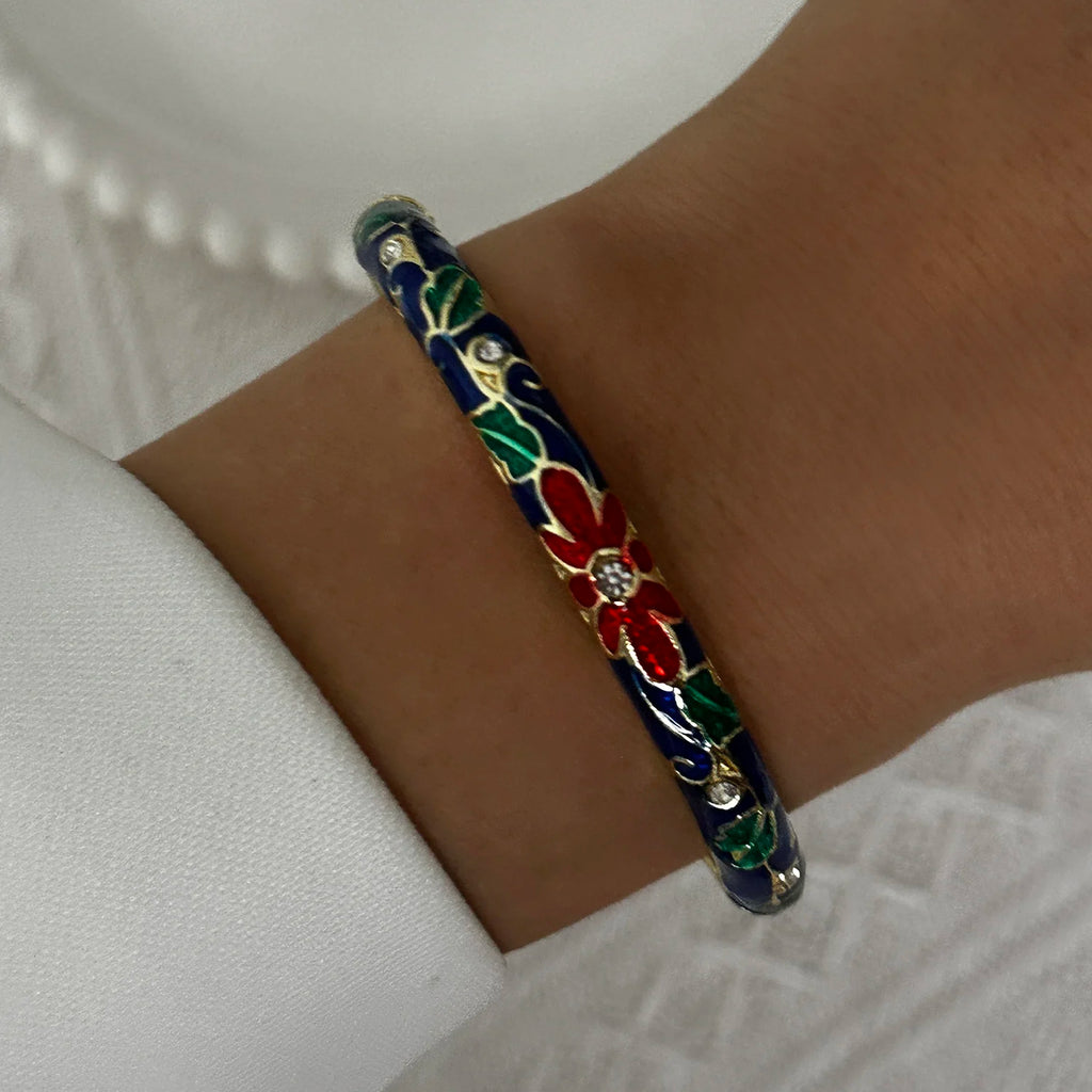 Bracelet élégant en émail goutte d'eau à texture florale pour femme, plaqué or rétro, avec zircon floral et motif œil porte-bonheur, bijou de fête