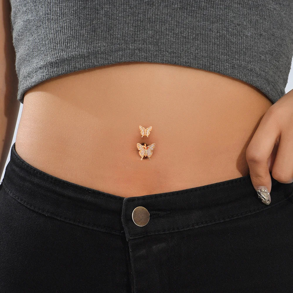 1 pièce Anneau de nombril incurvé en acier inoxydable couleur or avec cristaux CZ, motif papillon abeille, 14G, avec pendentif