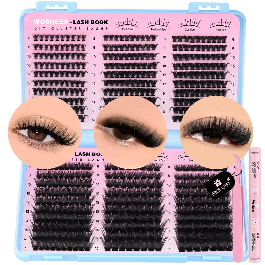Kit de bouquets de faux cils – Extensions de cils individuelles en bouquets, effet volumineux et léger, plateau de tailles mixtes, avec colle et fixateur pour cils (Lash Bond & Seal) ainsi qu’une pince applicatrice incluse.