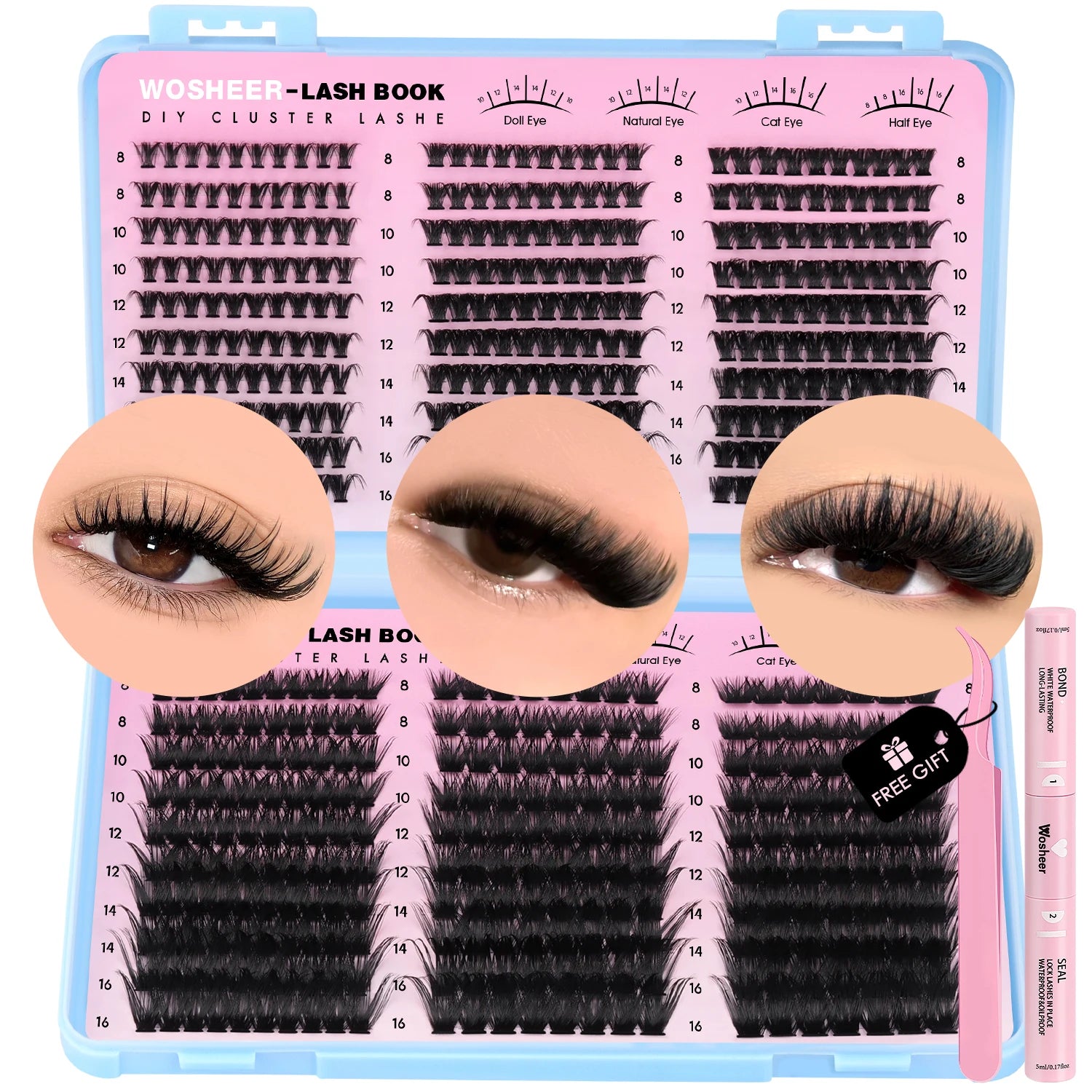 Kit de bouquets de faux cils – Extensions de cils individuelles en bouquets, effet volumineux et léger, plateau de tailles mixtes, avec colle et fixateur pour cils (Lash Bond & Seal) ainsi qu’une pince applicatrice incluse.