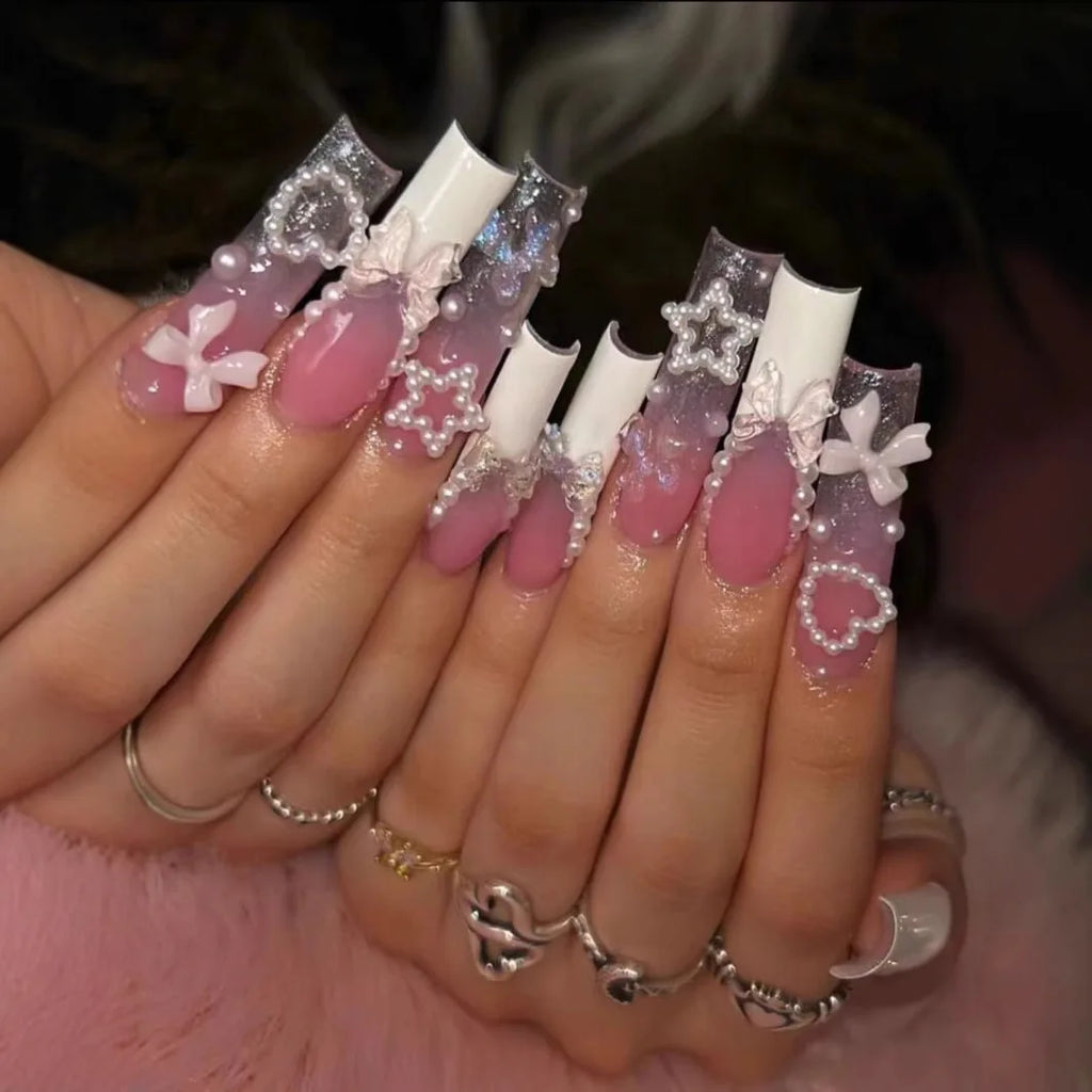 24 pièces – faux ongles longs carrés style français, design cœur 3D, ongles press-on avec strass, motif décoratif, faux ongles portables pour nail art
