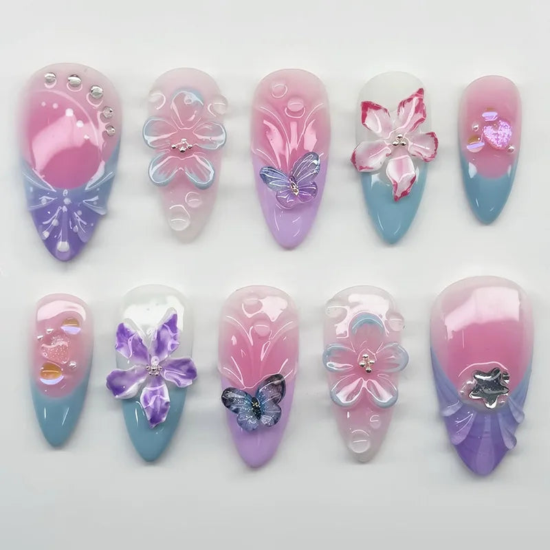 24 pièces mi-long doré amande ongles ensemble presse sur 3D fleur dégradé rose couverture complète faux ongles conseils perle réutilisable faux ongles
