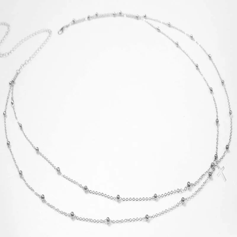 Chaîne de taille perlée Double couche pour femmes, Simple, couleur or, croix ronde en métal, chaîne de corps, accessoires de bijoux pour Bikini