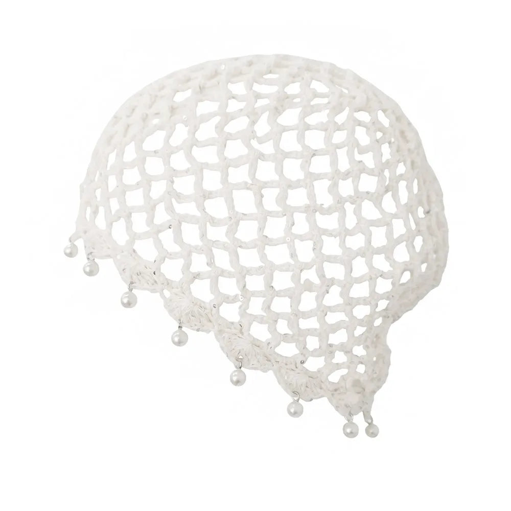 Bonnet en crochet ajouré tressé respirant avec perles et franges, style rétro, pour femme, été
