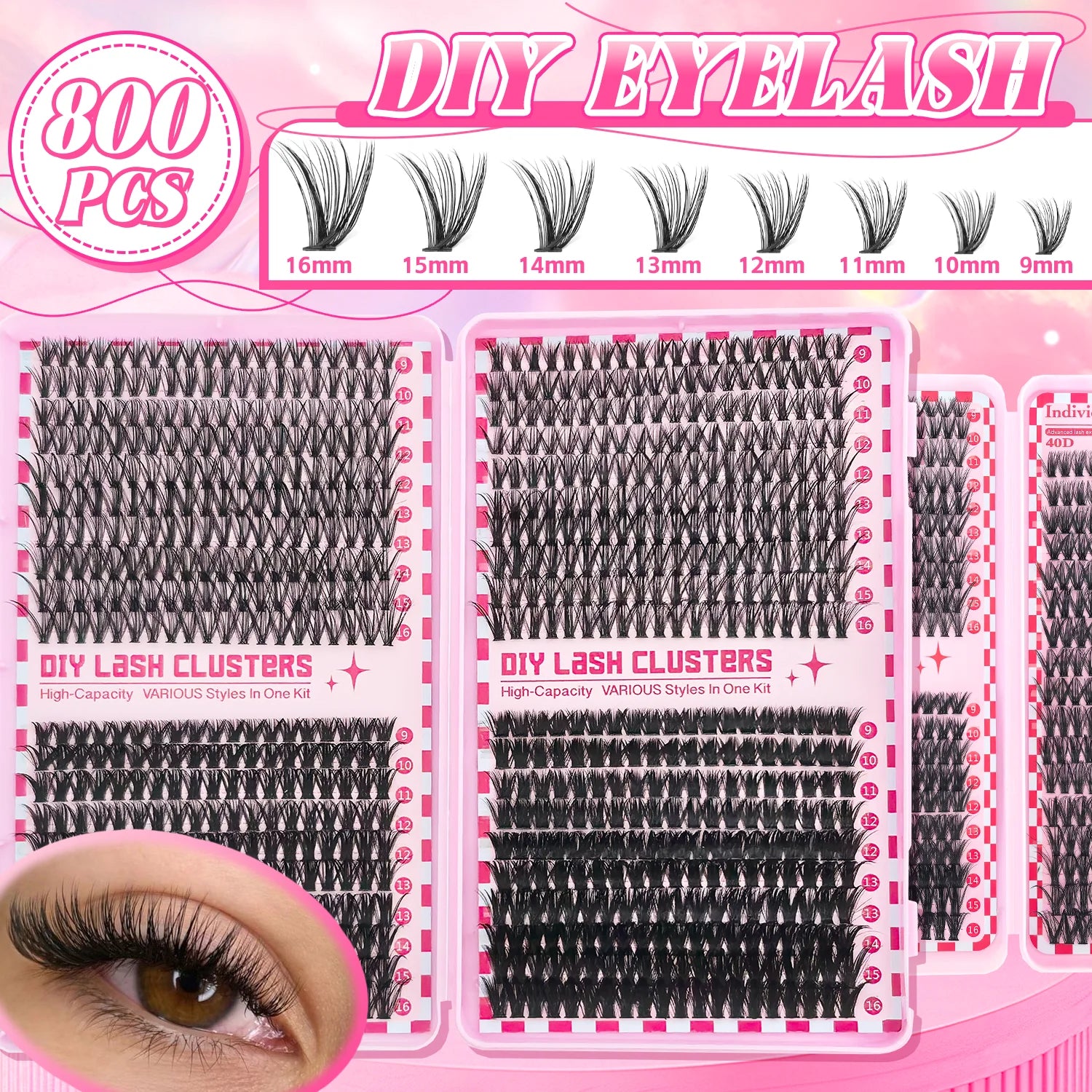 Kit de bouquets de faux cils 740/800 pièces – Longueurs mixtes pour extensions de cils ultra-légères et résistantes à l’eau. Permet de créer un look naturel pour le maquillage quotidien ou un effet glamour plus intense et sophistiqué.