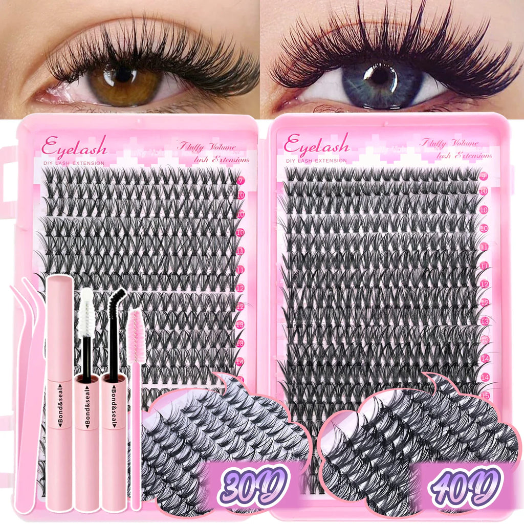 Kit d’extensions de cils DIY en bouquets – Faux cils individuels à poser soi-même, longueurs de 9 à 16 mm. Effet léger et naturel (wispy). Kit complet incluant colle (bond) et fixateur (seal) pour une meilleure tenue des cils