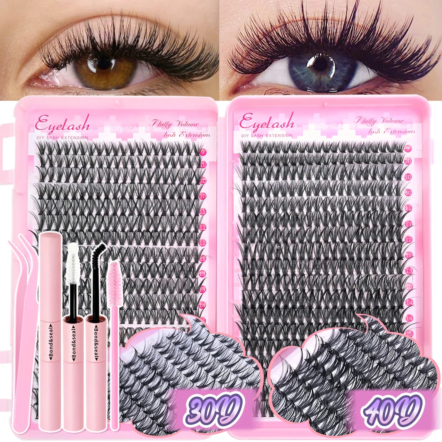 Kit d’extensions de cils DIY en bouquets – Faux cils individuels à poser soi-même, longueurs de 9 à 16 mm. Effet léger et naturel (wispy). Kit complet incluant colle (bond) et fixateur (seal) pour une meilleure tenue des cils