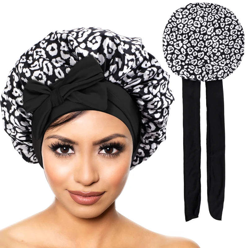 Nouveau Bonnet en Satin pour dormir, couverture de cheveux bouclés, Bonnet de nuit soyeux pour femmes, grand Bonnet de sommeil soyeux avec cravate