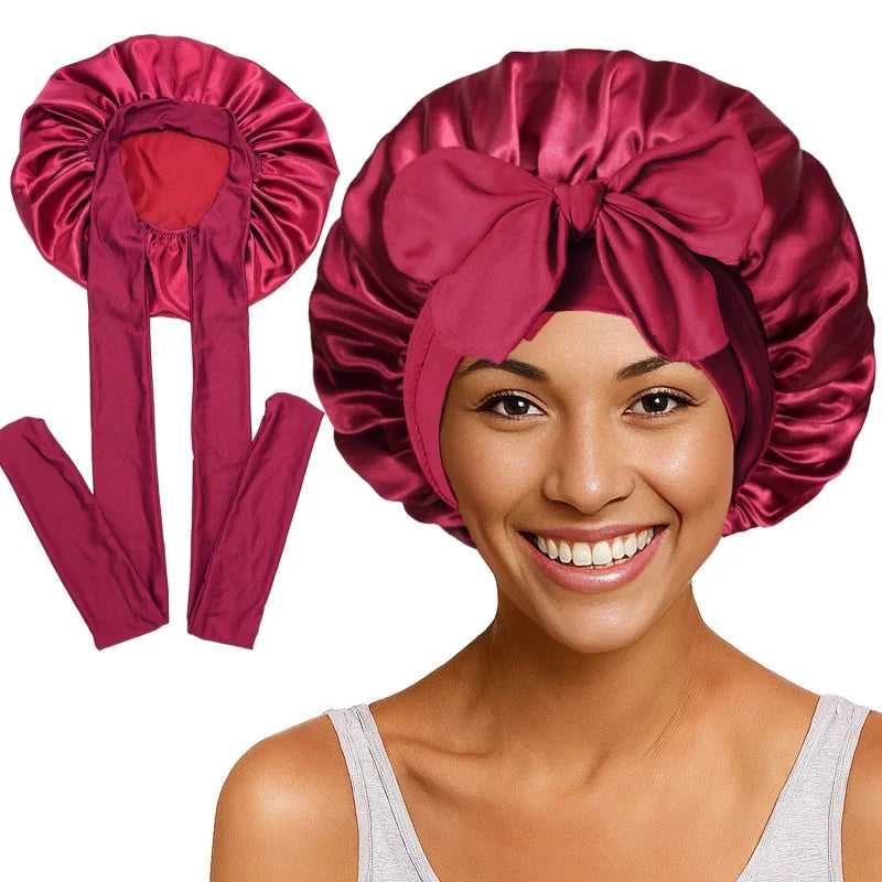 Nouveau bonnet de nuit en satin uni avec bande élastique extensible à nouer pour femmes, bonnet de douche ajustable, bonnet/turban pour couvrir les cheveux.