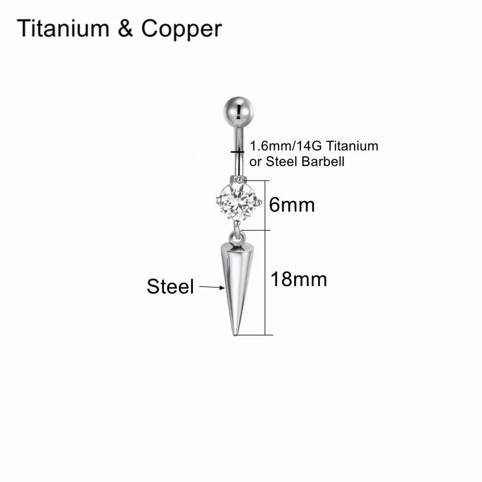 Piercing de nombril 14G en titane – barre de barbell, acier inoxydable, pendentif à strass en forme de pointe cône, style minimaliste punk, bijou de corps pour homme et femme