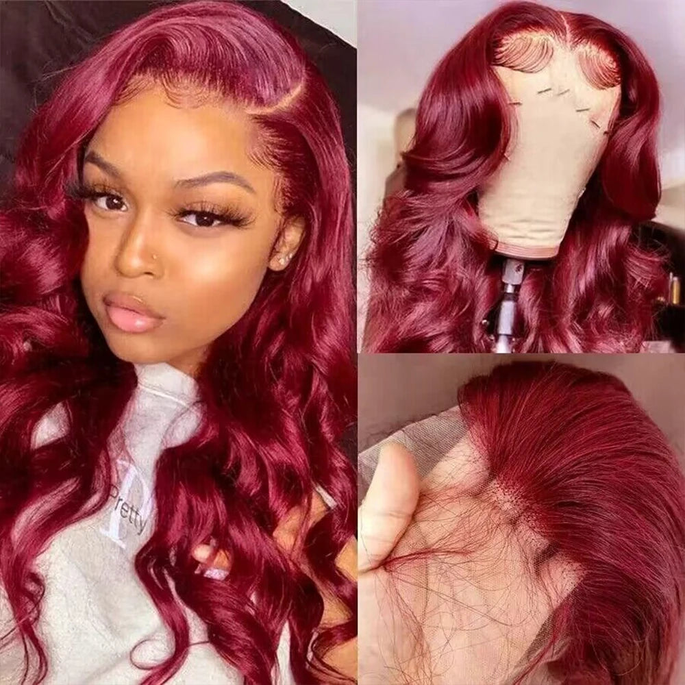 Perruque Lace Front Wig Body Wave Brésilienne Naturelle, Cheveux Humains, Couleur Rouge Bordeaux 99j, 13x6, 13x4, 30 ou 36 Pouces, Densité 200, pour Femme