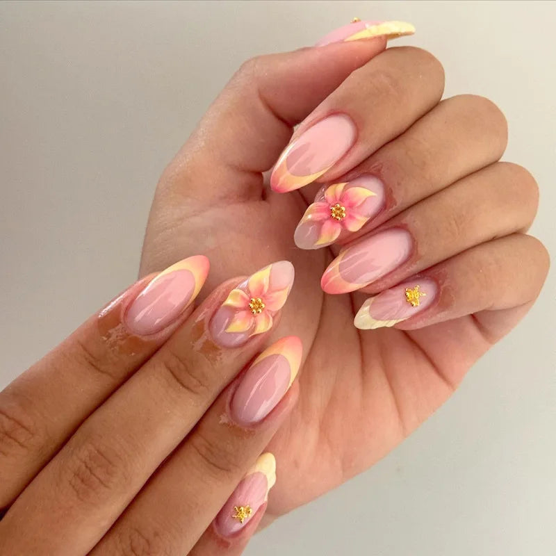 24 pièces mi-long doré amande ongles ensemble presse sur 3D fleur dégradé rose couverture complète faux ongles conseils perle réutilisable faux ongles