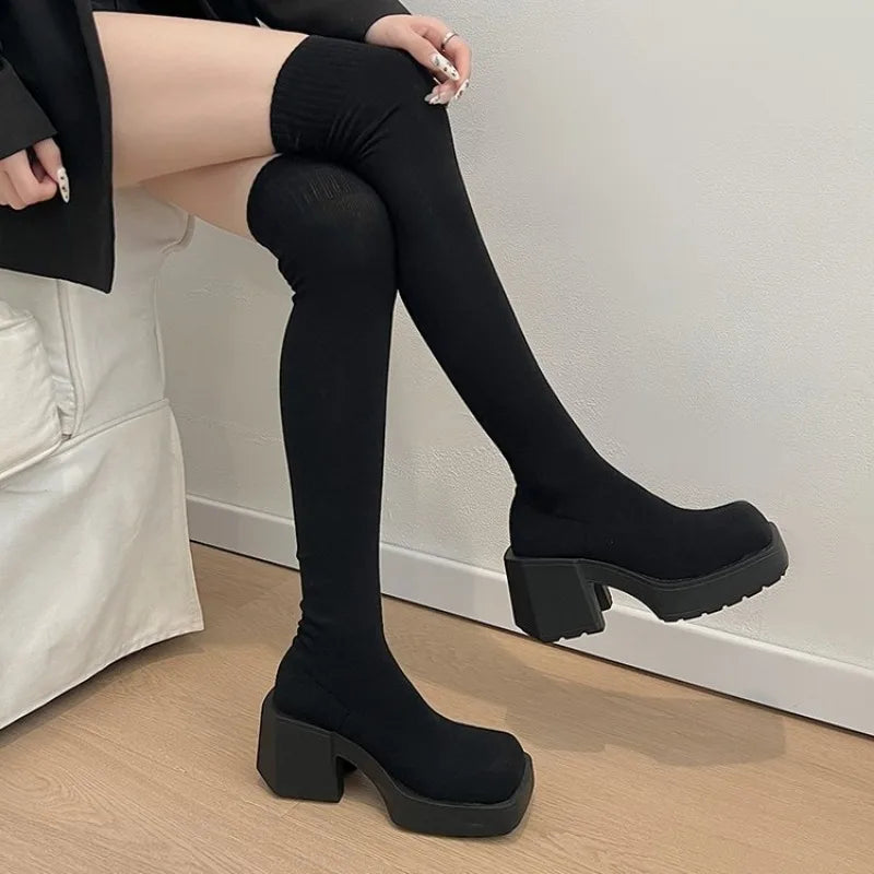 Bottes chaussettes au-dessus du genou pour femme, tailles 35 à 40. Modèle d’hiver en maille extensible, avec talons épais et plateforme. Bottes longues à enfiler, confortables et tendance pour femme.