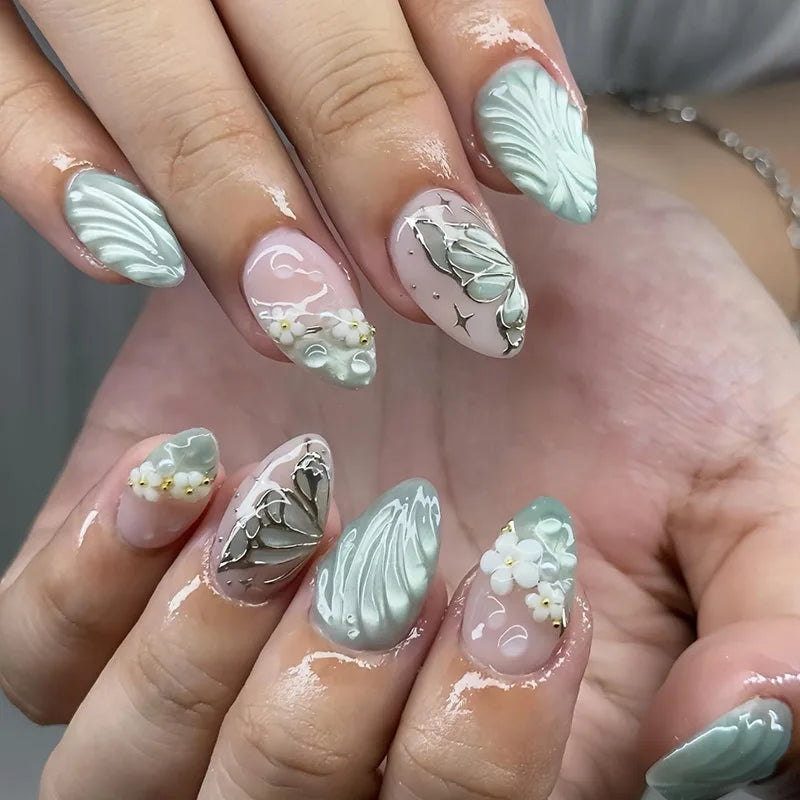 Faux ongles 3D pour femmes et filles, dégradé de fleurs en relief marron bleu avec strass, pointes d'amande d'automne et d'hiver à pression sur les faux ongles