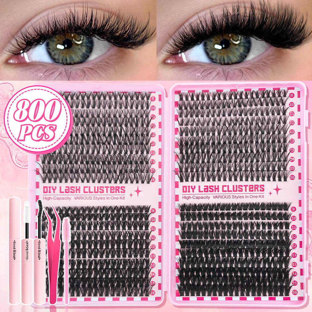 Kit de bouquets de faux cils 740/800 pièces – Longueurs mixtes pour extensions de cils ultra-légères et résistantes à l’eau. Permet de créer un look naturel pour le maquillage quotidien ou un effet glamour plus intense et sophistiqué.