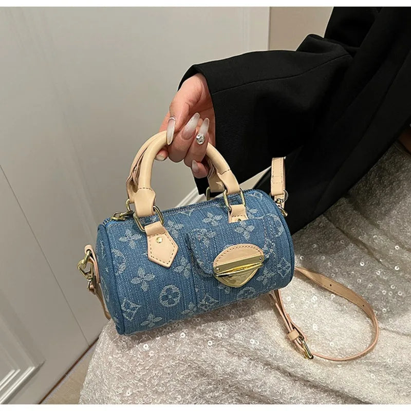 Sacs en jean tendance pour femmes, sacs bandoulière élégants et polyvalents, sacs à main cylindriques ronds à la mode