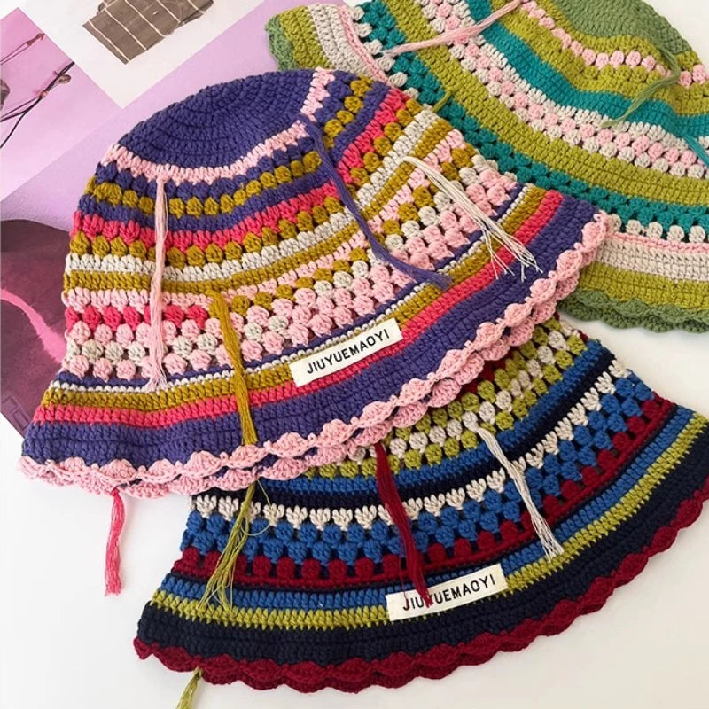 Chapeau seau coréen fait à la main au Crochet pour femmes, tissage tricoté, mode fleurs Y2k, bonnet de bassin, nouvelle collection automne hiver
