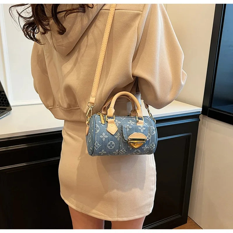 Sacs en jean tendance pour femmes, sacs bandoulière élégants et polyvalents, sacs à main cylindriques ronds à la mode