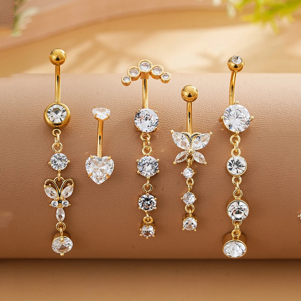 3-5 pièces ensembles de styles mixtes coeur fleur balancent nombril anneaux en acier inoxydable papillon incurvé Zircon ventre Piercing nombril anneau