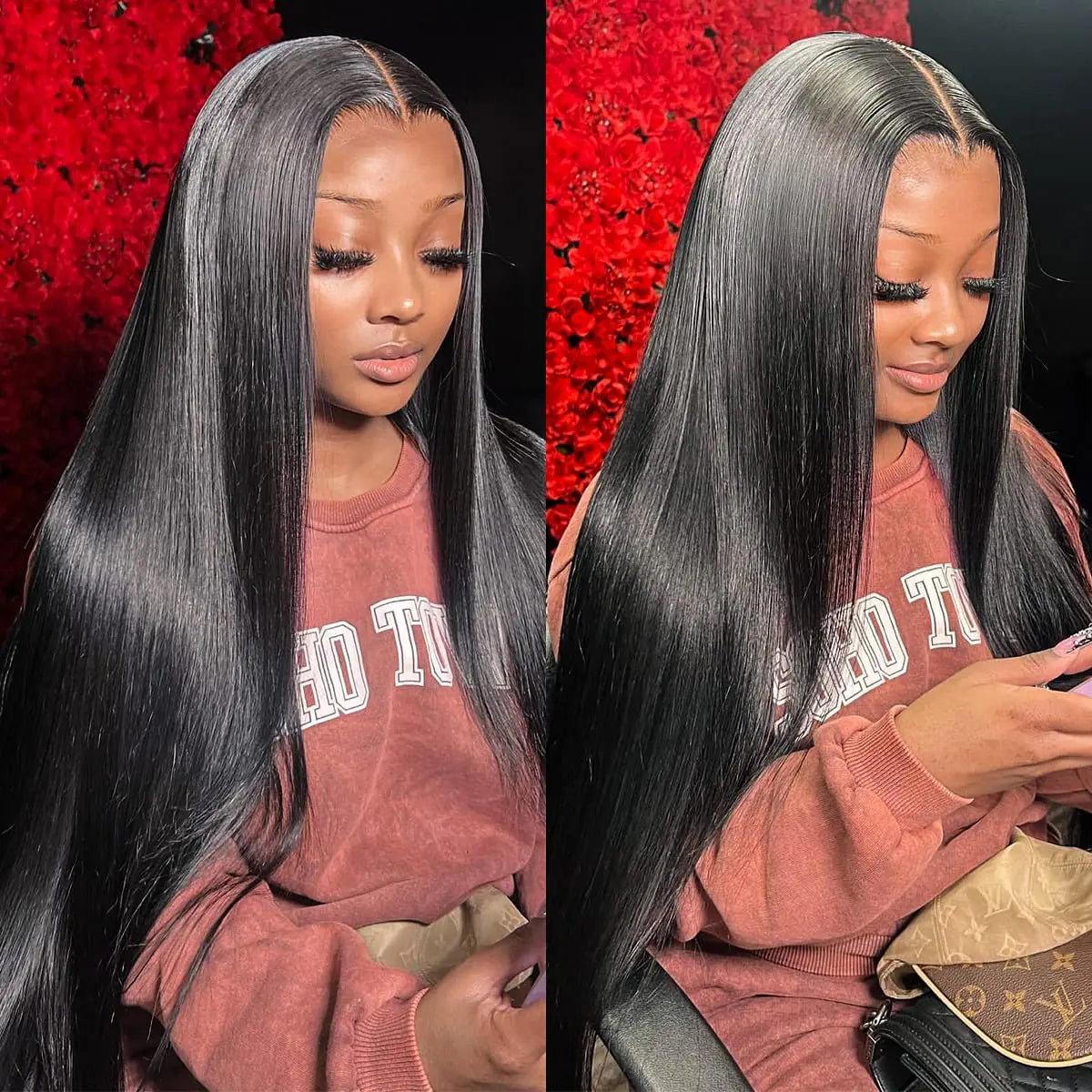 Perruque lisse en cheveux humains 13x4, 13x6, 360 Lace, 4x4 ou 5x5 Closure, pré-épilée avec une densité de 250 %. Disponible de 30 à 40 pouces pour un look ultra-long, volumineux et naturel.