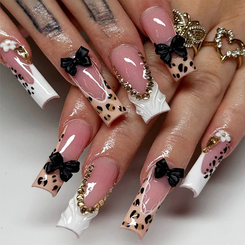24 faux ongles longs carrés à presser, motif léopard, design cerise 3D, strass, couvrance totale, prêts à poser