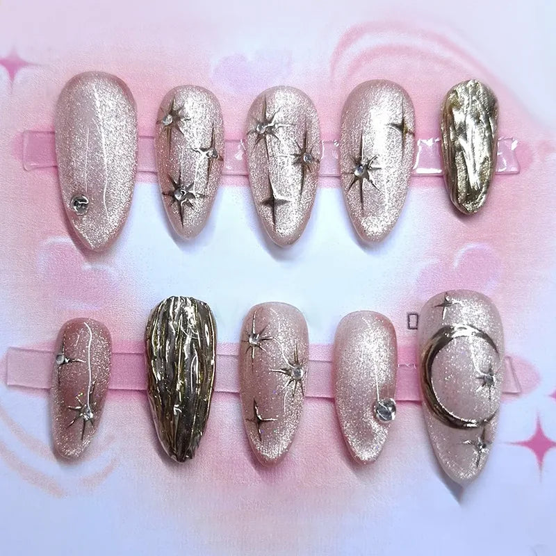 24 pièces mi-long doré amande ongles ensemble presse sur 3D fleur dégradé rose couverture complète faux ongles conseils perle réutilisable faux ongles