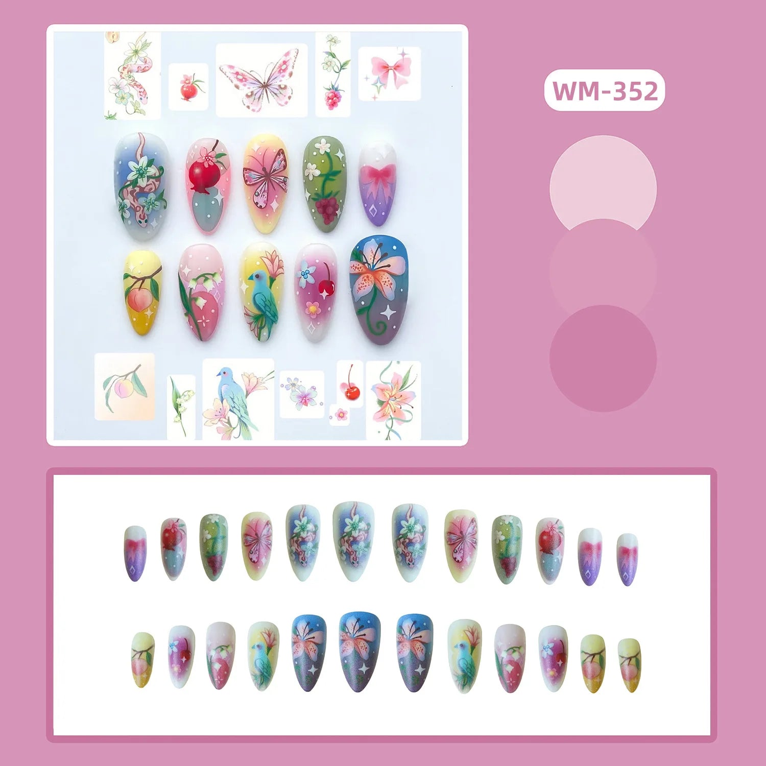 24 pièces de faux ongles à fleurs, style tendance, avec effet dégradé jaune et rose. Ongles portables à couverture complète, forme amande , à poser directement (Press-On Nails).
