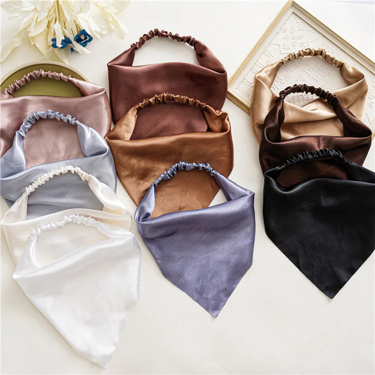 Été femmes couleur unie foulard de cheveux Vintage Triangle Bandanas Satin élastique bandeaux enfants fille bandeaux cheveux accessoires