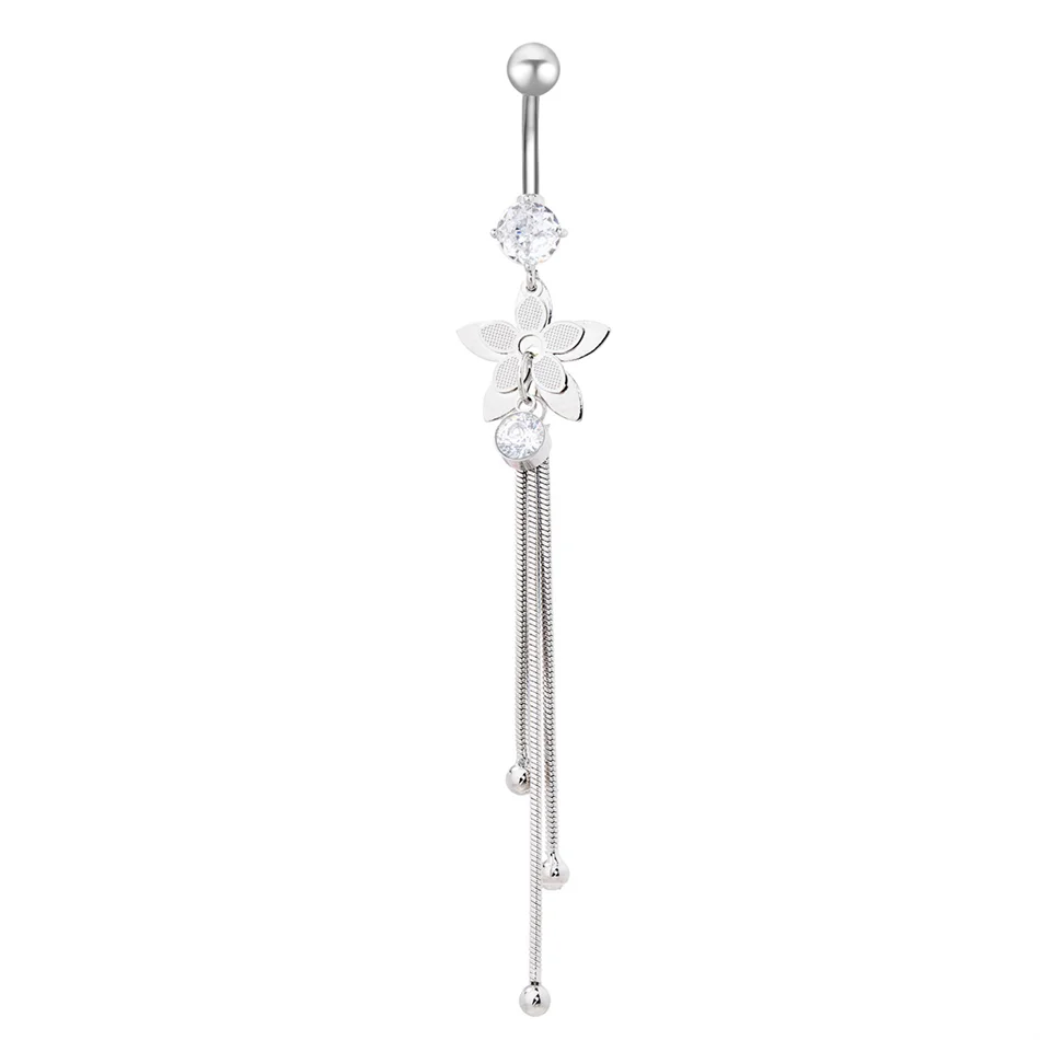 Bijou de nombril pour femme – piercing de ventre en acier inoxydable avec chaîne longue, pampilles et fleur pendante, accessoires de corps pour soirée et plage