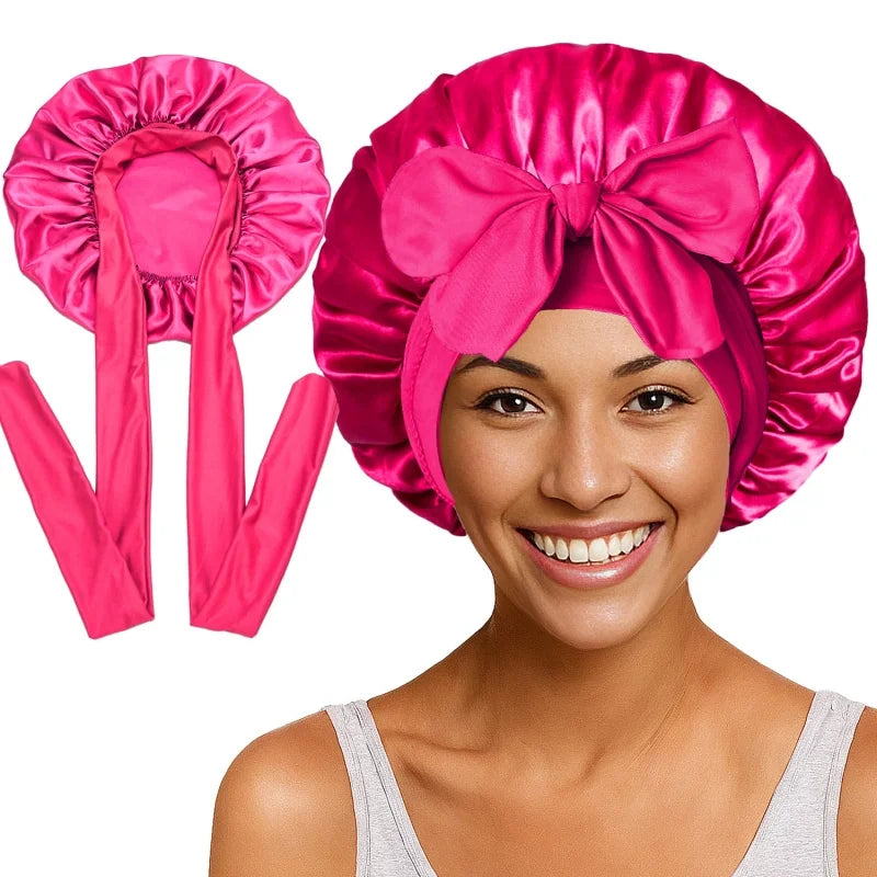 Nouveau bonnet de nuit en satin uni avec bande élastique extensible à nouer pour femmes, bonnet de douche ajustable, bonnet/turban pour couvrir les cheveux.