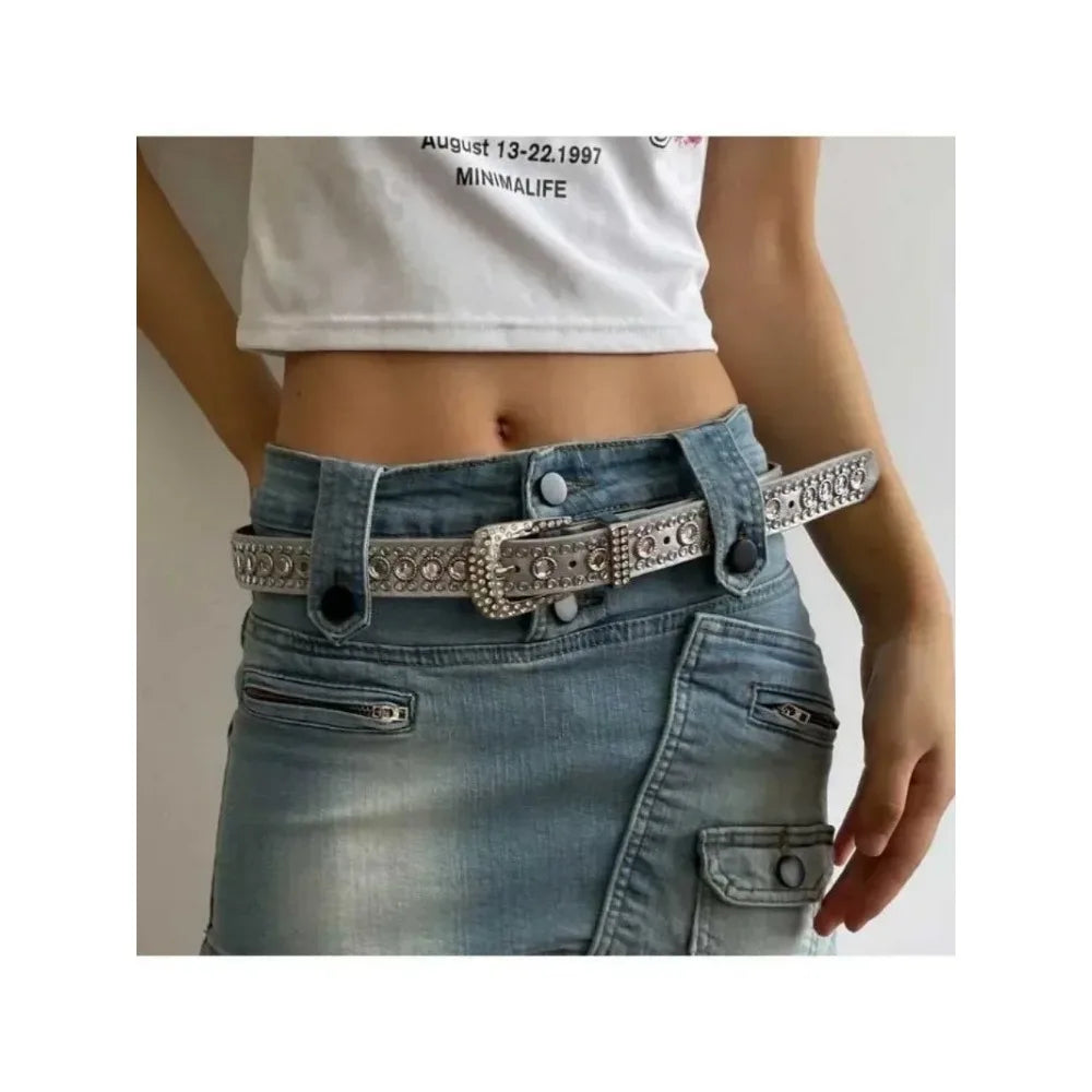 Ceinture femme mode Y2K – imprimé uni, cloutée, entièrement ornée de strass, en cuir PU, brillante style cristal, réglable, ceinture scintillante pour club et soirée