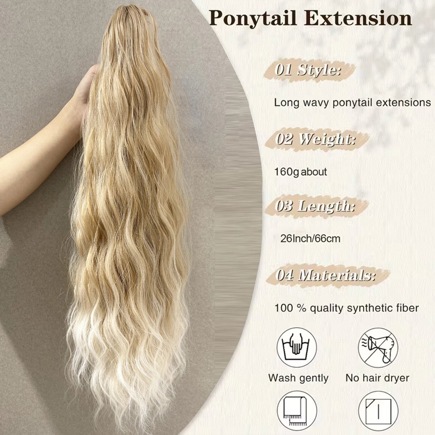 Queue de cheval synthétique ondulée effet Water Wave à pince, noire ou blonde, en fibre résistante à la chaleur, volumineuse et légèrement décoiffée, extension de cheveux pour femmes.