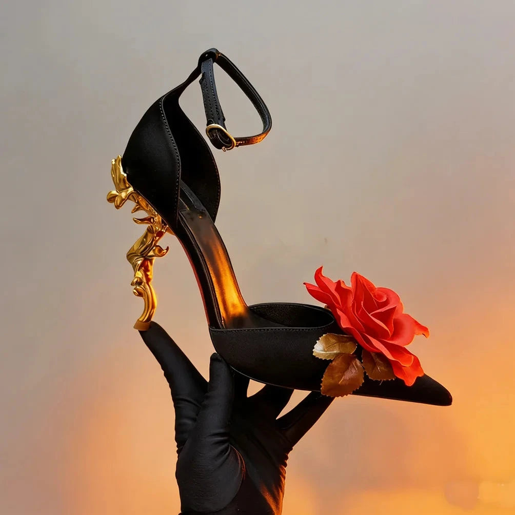Chaussures de mariage décorées de roses rouges en satin, talon pointu original, nouvelles chaussures de printemps pour femmes, talons hauts de luxe