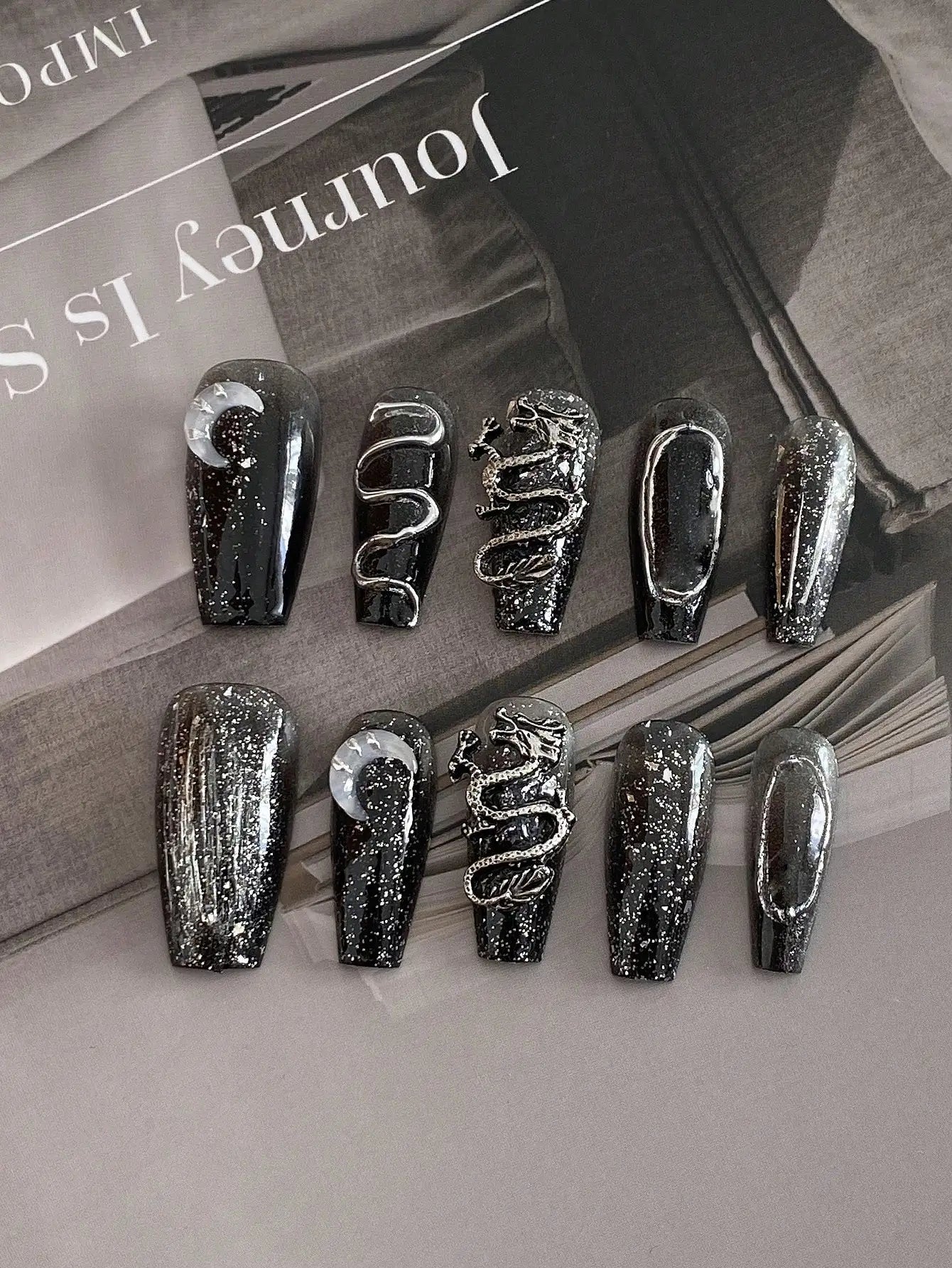 10 pièces ongles à pression ongles cercueil faits à la main série Dragon foncé paillettes fines paillettes détachables ongles réutilisables
