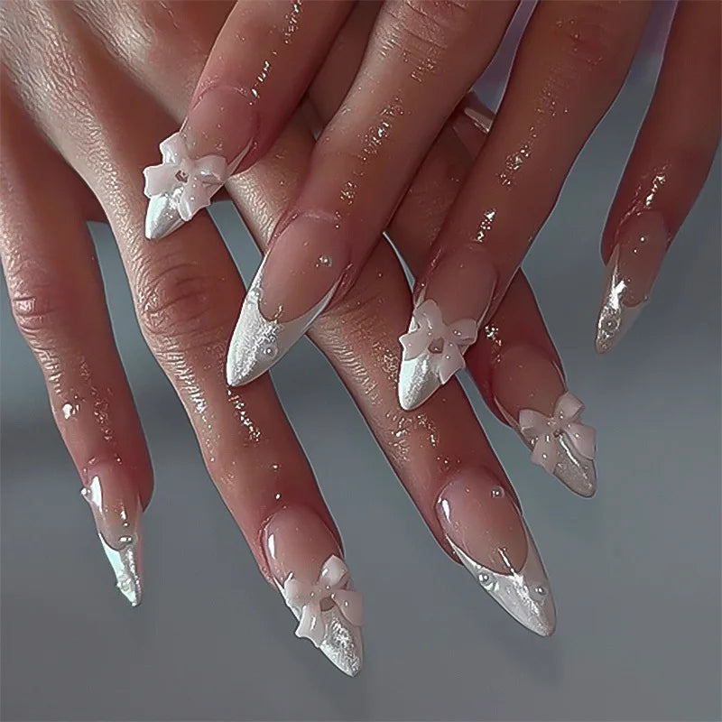 24 pièces doux oeil de chat français presse sur ongles diamant pointu tridimensionnel nœud papillon portable ongles pour femmes et fille amande ongles