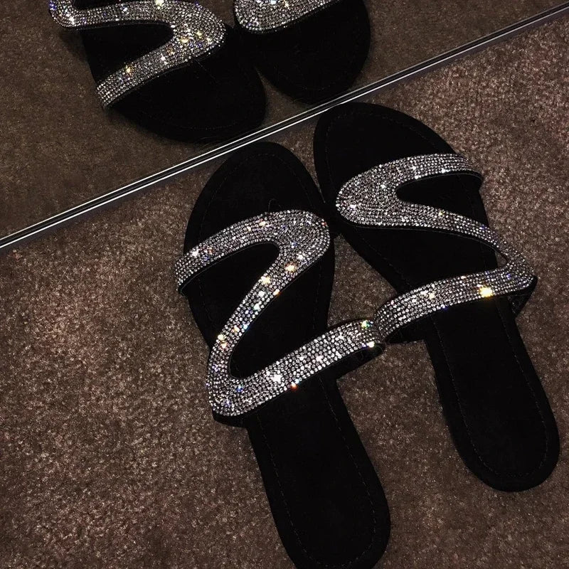 Pantoufles plates d'été pour femmes, tongs, sandales de plage en plein air, chaussures à paillettes, 2024