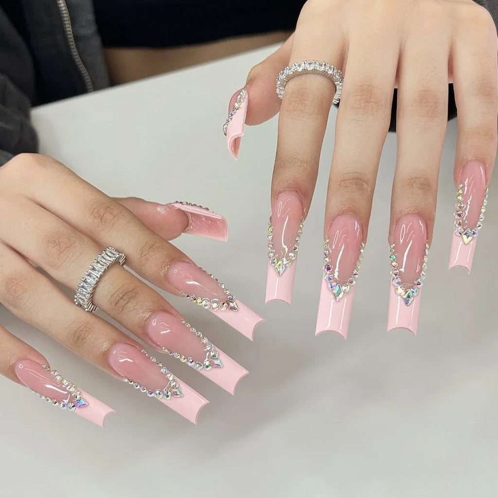 24 pièces – faux ongles longs carrés style français, design cœur 3D, ongles press-on avec strass, motif décoratif, faux ongles portables pour nail art