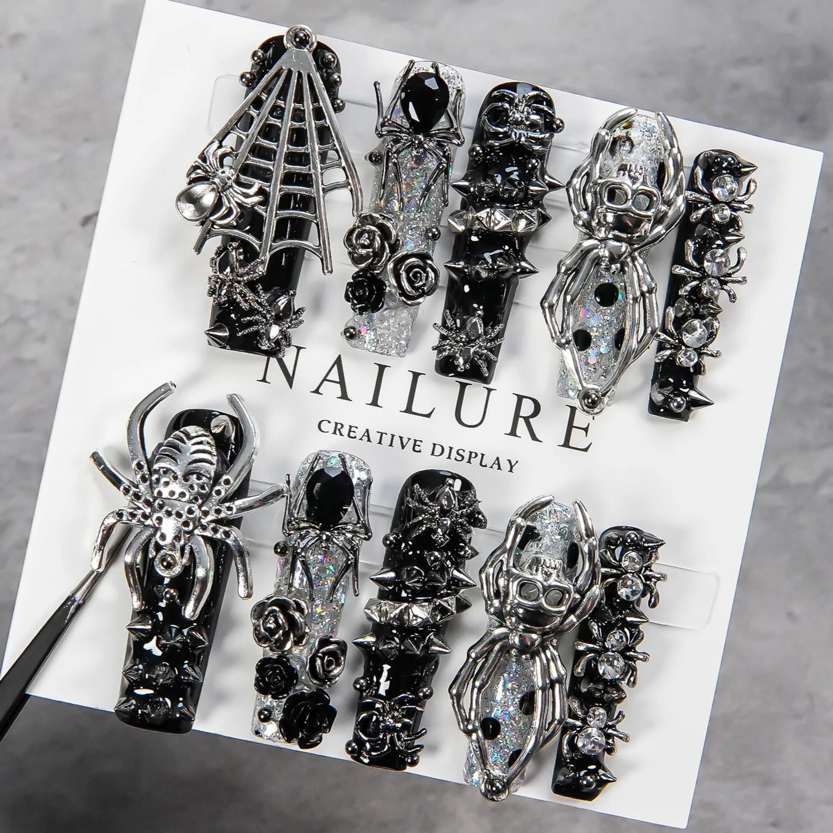 Faux ongles gothiques foncés faits à la main, motif crâne d'araignée, résistants, longs et détachables, style gothique