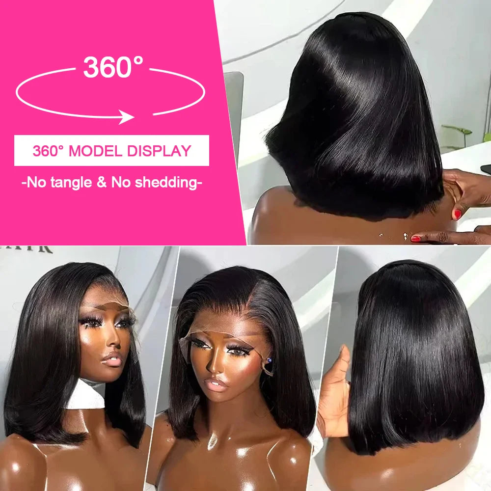 Perruque en cheveux humains 100 % naturels, coupe carré courte et lisse (Bone Straight), dotée d’une lace HD 13x6 pour un rendu discret et naturel. Densité de 250 % pour un volume généreux. Lace frontale HD 13x4