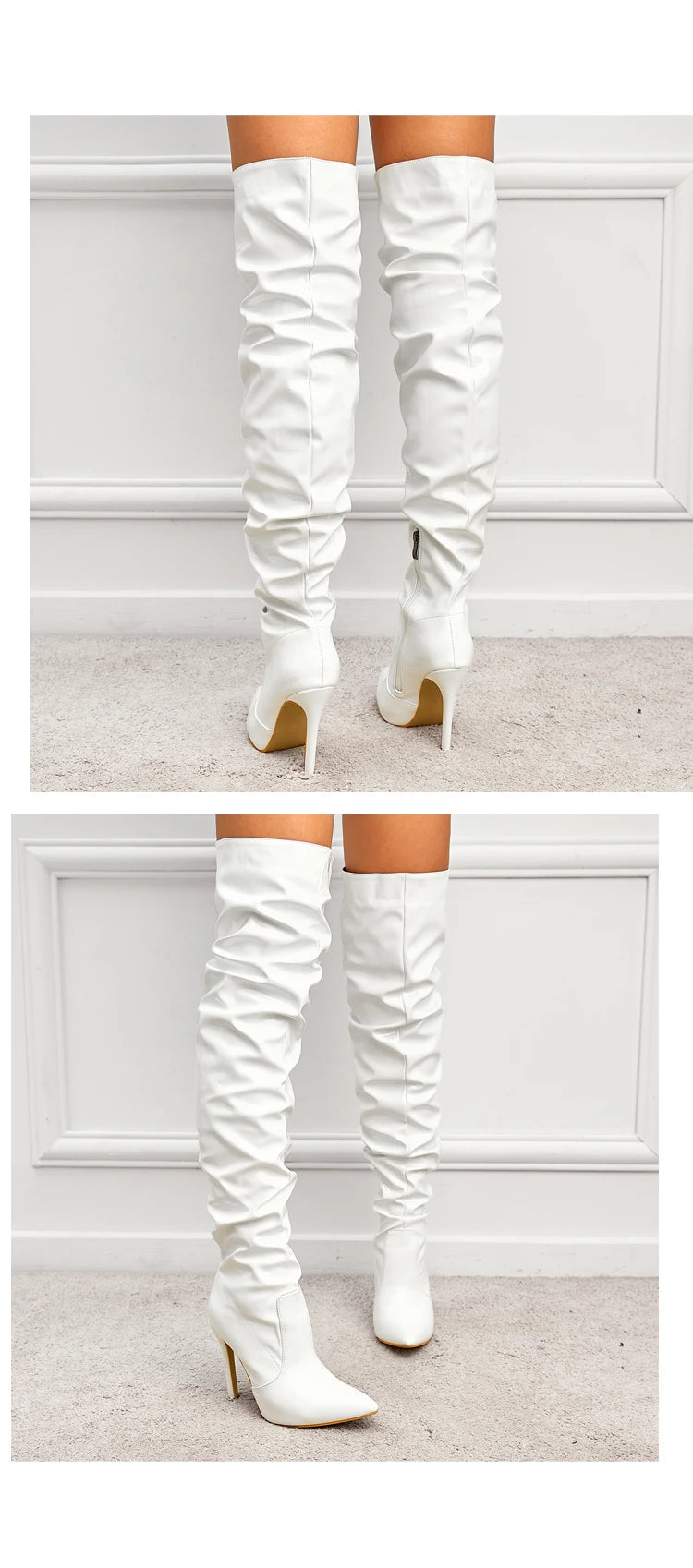 Bottes pour femmes au-dessus du genou, talons hauts, cuir verni, unies, bout pointu, talon aiguille, fermeture éclair latérale, chaussures féminines.