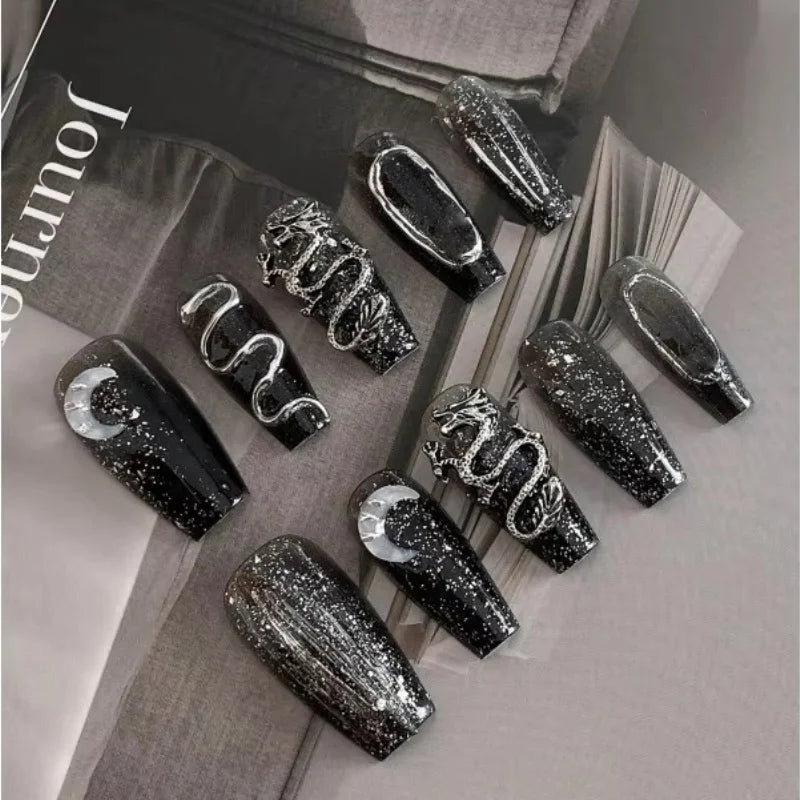 10 pièces ongles à pression ongles cercueil faits à la main série Dragon foncé paillettes fines paillettes détachables ongles réutilisables