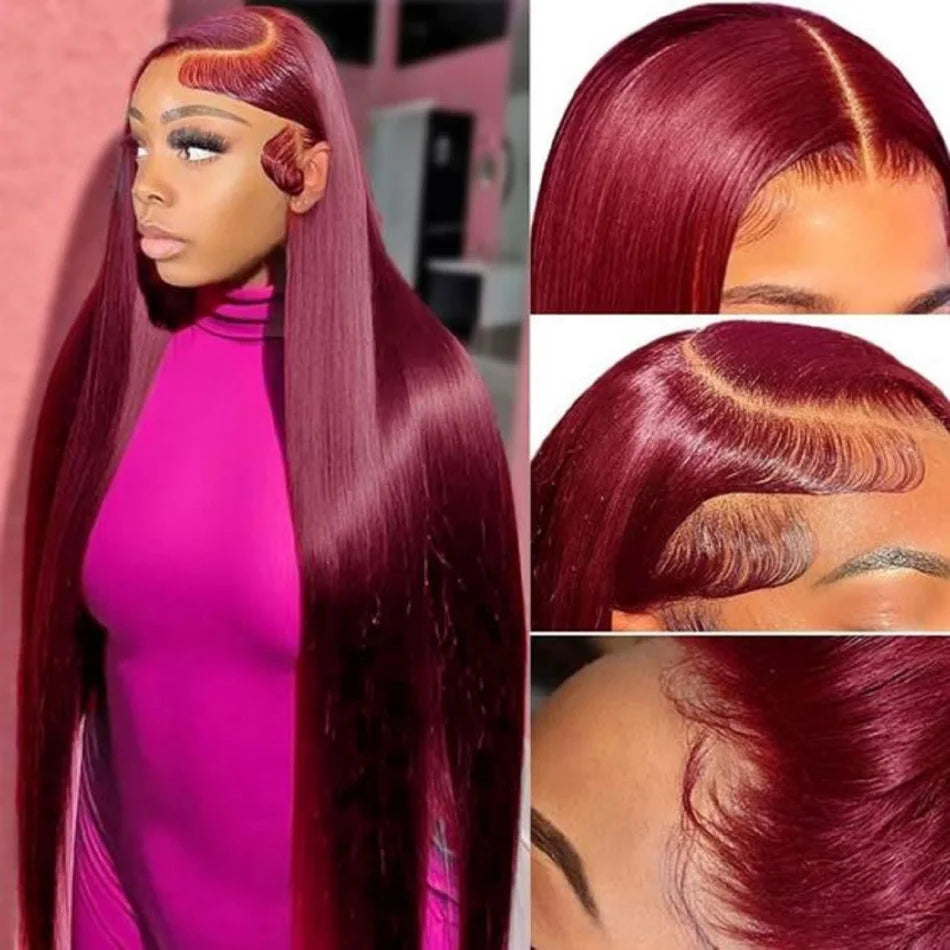 Perruque en cheveux humains raides 99J bordeaux, lace front HD 13x6, wig rouge colorée, pré-épilée, cheveux brésiliens, lace transparente frontale.