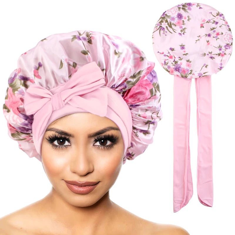 Nouveau Bonnet en Satin pour dormir, couverture de cheveux bouclés, Bonnet de nuit soyeux pour femmes, grand Bonnet de sommeil soyeux avec cravate