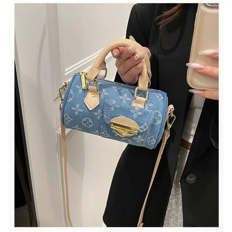 Sacs en jean tendance pour femmes, sacs bandoulière élégants et polyvalents, sacs à main cylindriques ronds à la mode