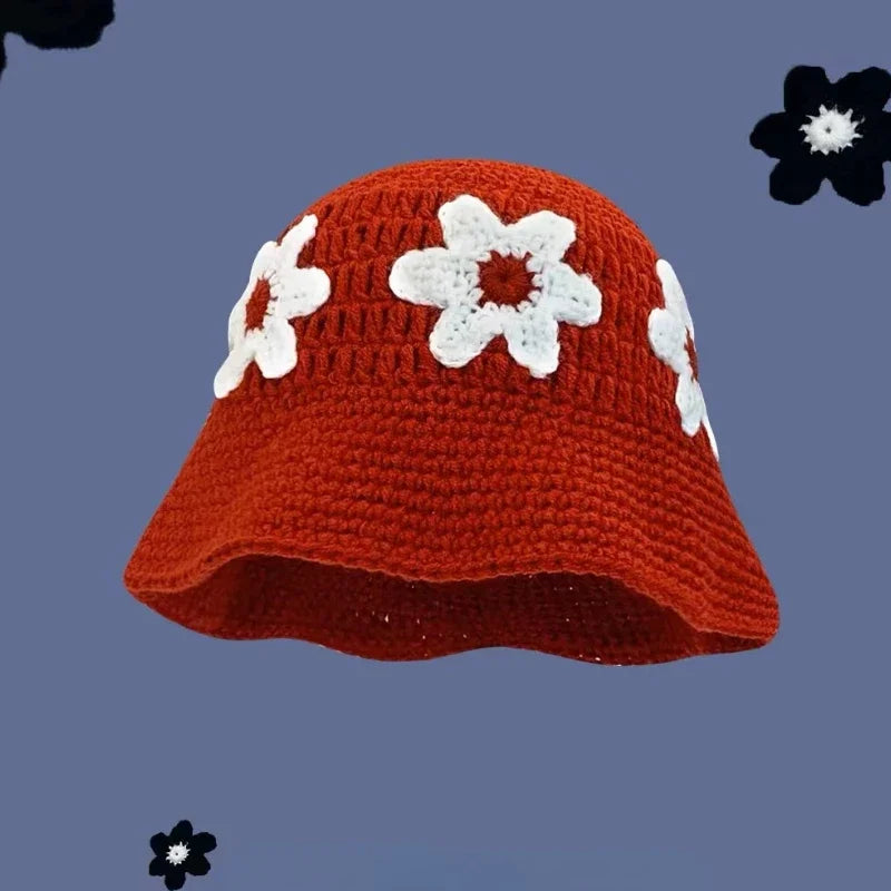 Chapeau seau coréen fait à la main au Crochet pour femmes, tissage tricoté, mode fleurs Y2k, bonnet de bassin, nouvelle collection automne hiver