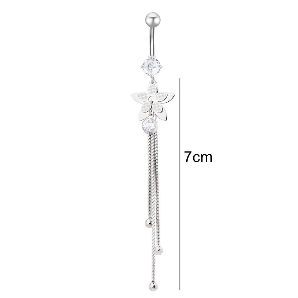 Bijou de nombril pour femme – piercing de ventre en acier inoxydable avec chaîne longue, pampilles et fleur pendante, accessoires de corps pour soirée et plage