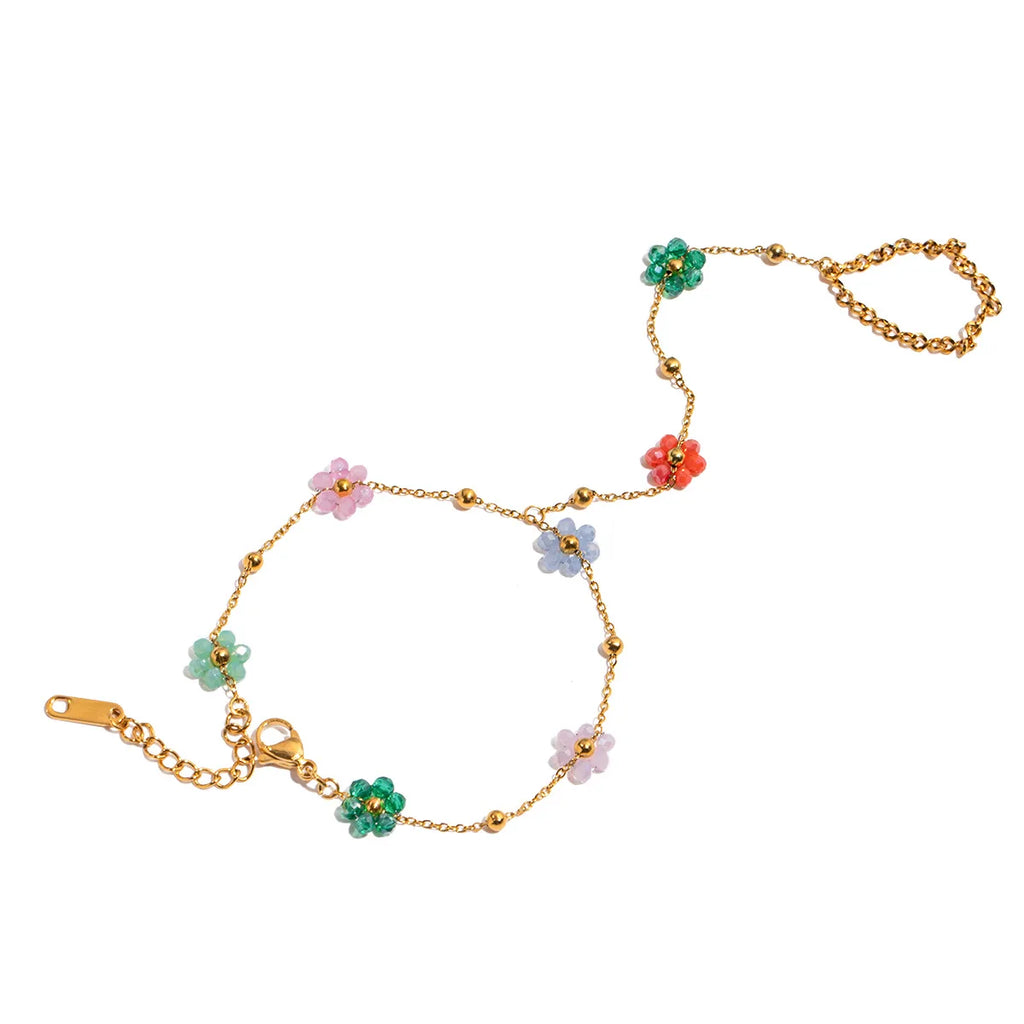Nouveau Bracelet de Main et de Doigt Étanche en Perles de Cristal Colorées Dopamine avec Fleur pour Femme, Accessoires de Bijoux en Acier Inoxydable